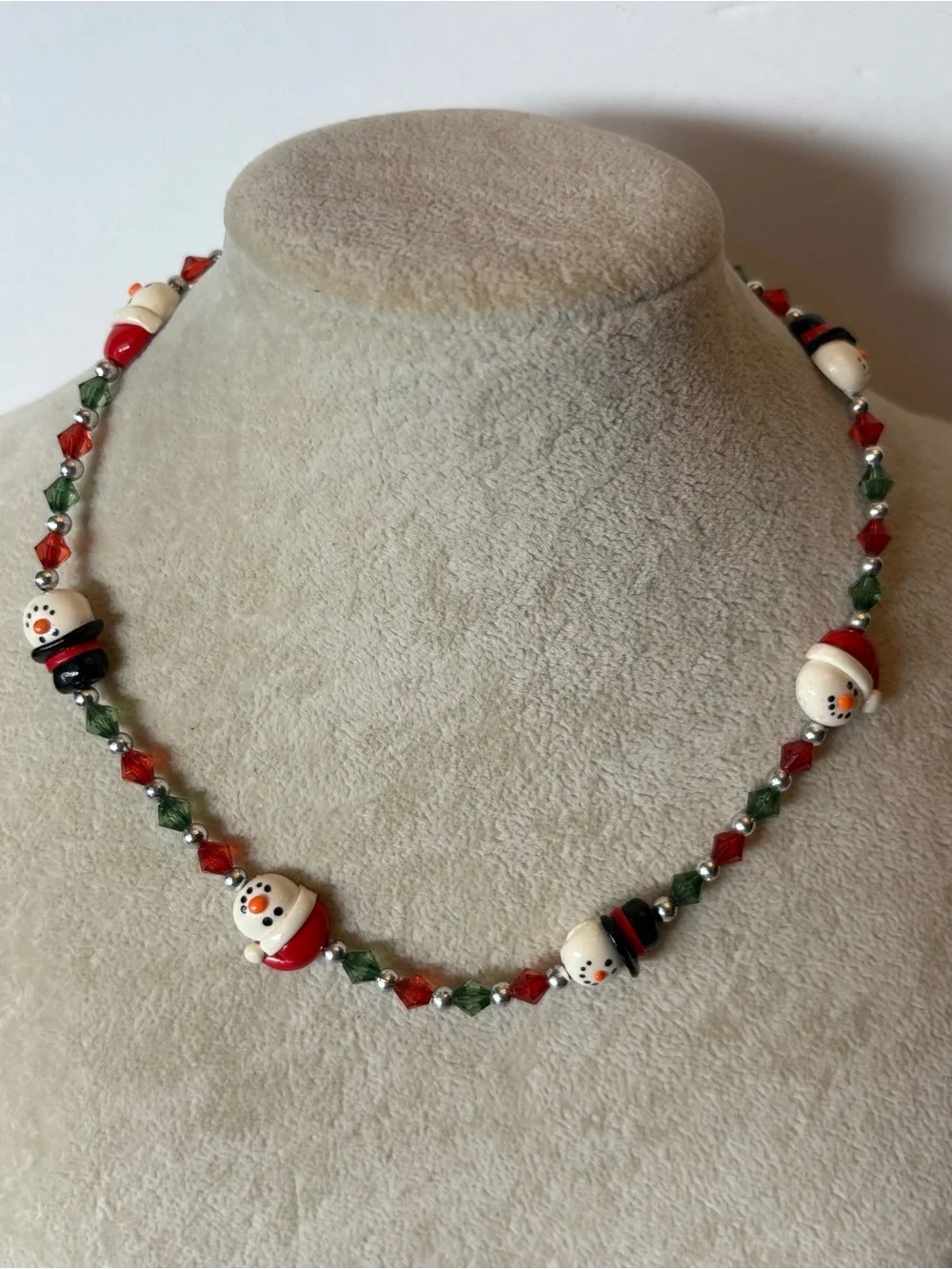 Christmas Snowman Necklace Red Green Holiday Beaded Necklace Winter Jewelry